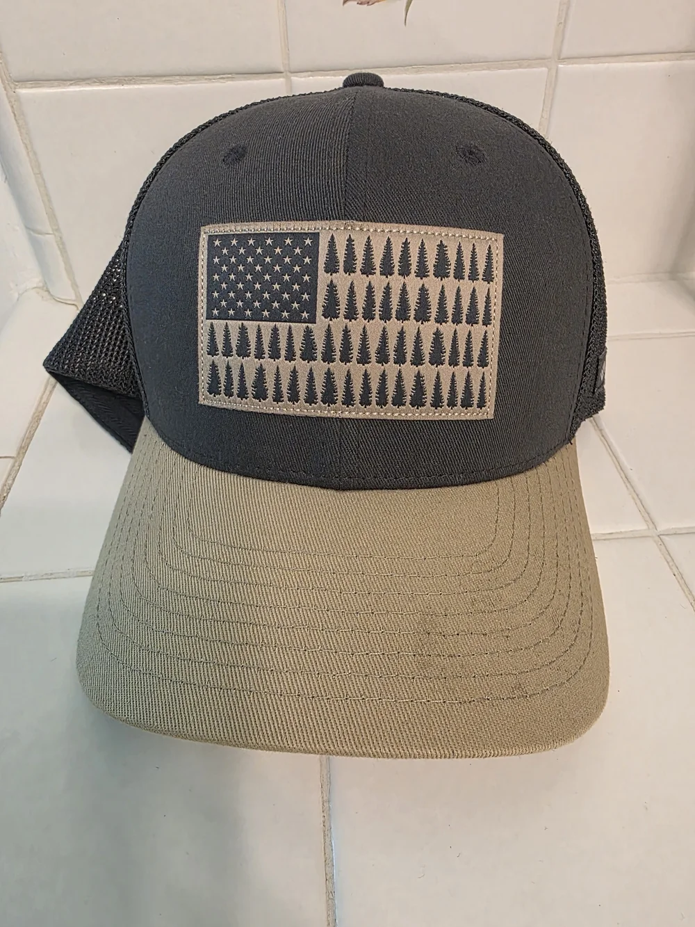 Columbia Gray and Tan Trucker Hat with Tree Flag Patch